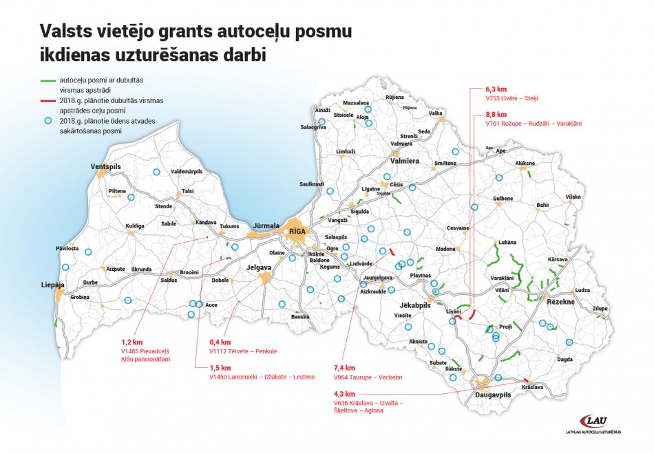 Karte ar atzīmētiem posmiem, kur tiks veikti uzturēšanas darbi