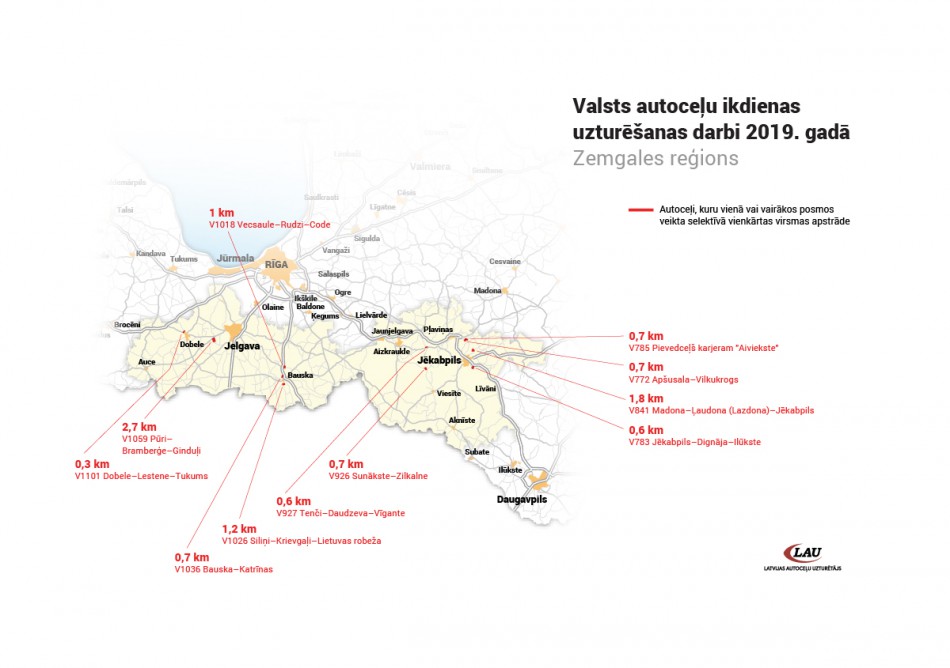 Infografiks, kuros ceļa posmos veiks vienkārtas virsmas apstrādi