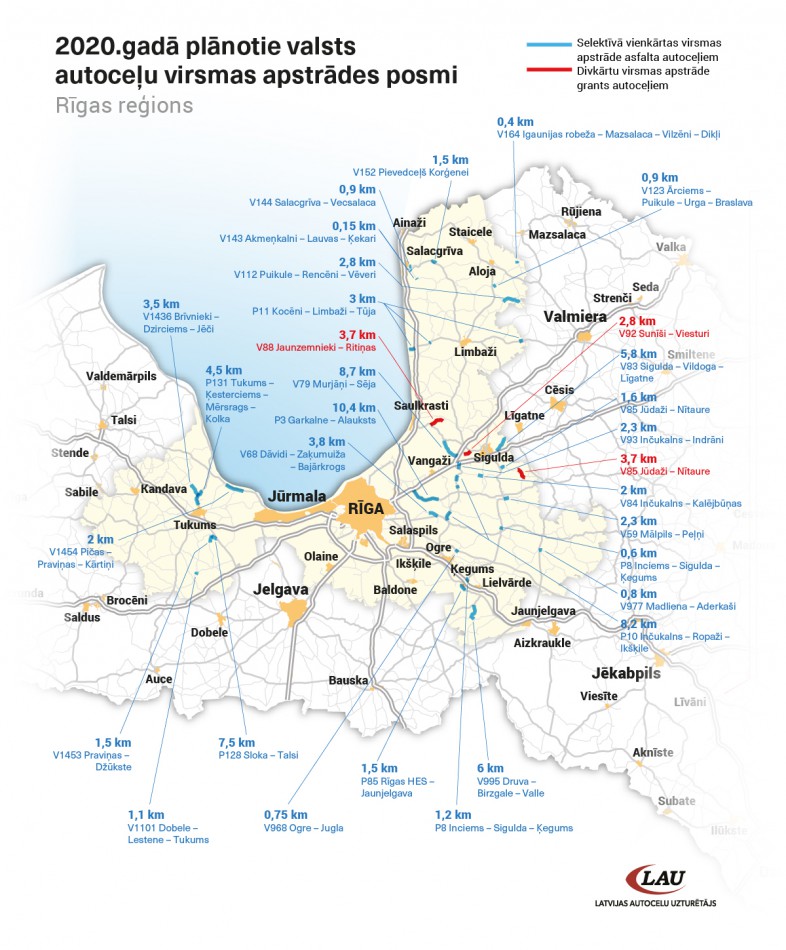 Karte. Posmi Rīgas apkaimē, kur tiks veikta virsmas apstrāde 2020.gadā