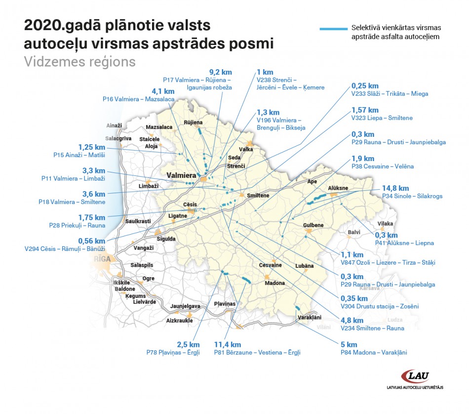 Karte. Vidzemes reģions. Plānotie virsmas apstrādes posmi 2020.gadā